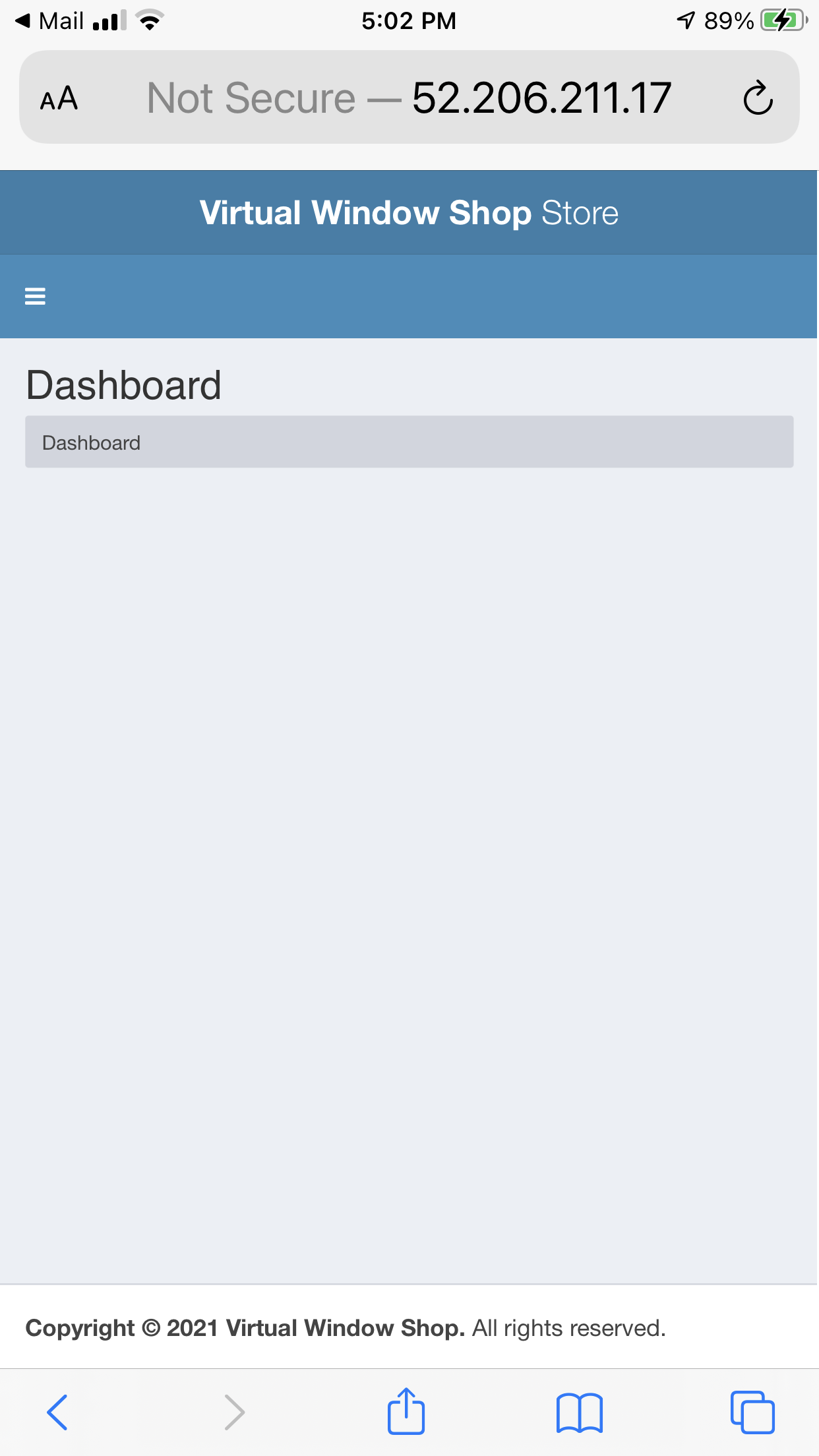 Vendor Dashboard main display for the Virtual Window Shop application