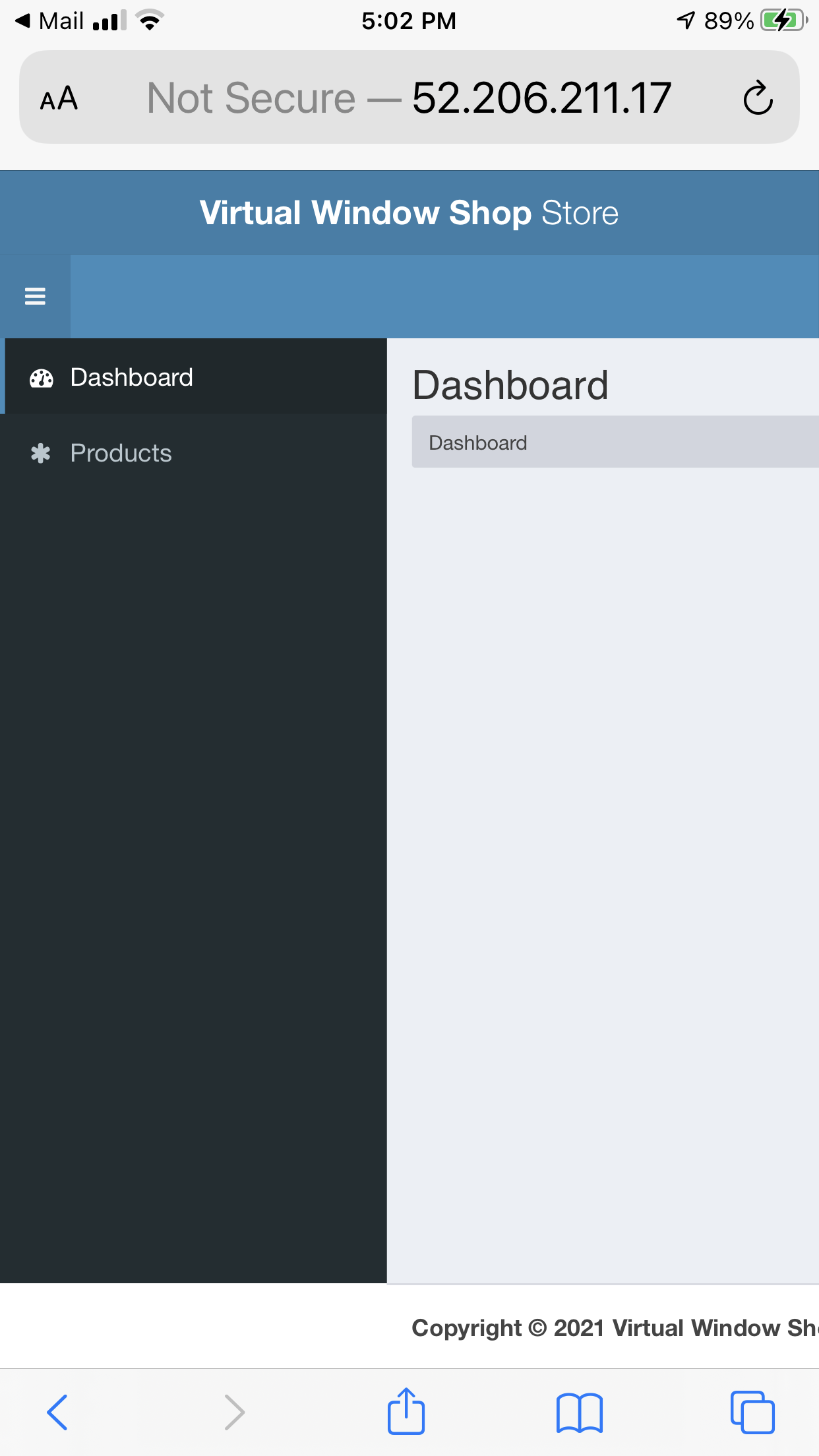 Vendor Dashboard navigation display for the Virtual Window Shop application